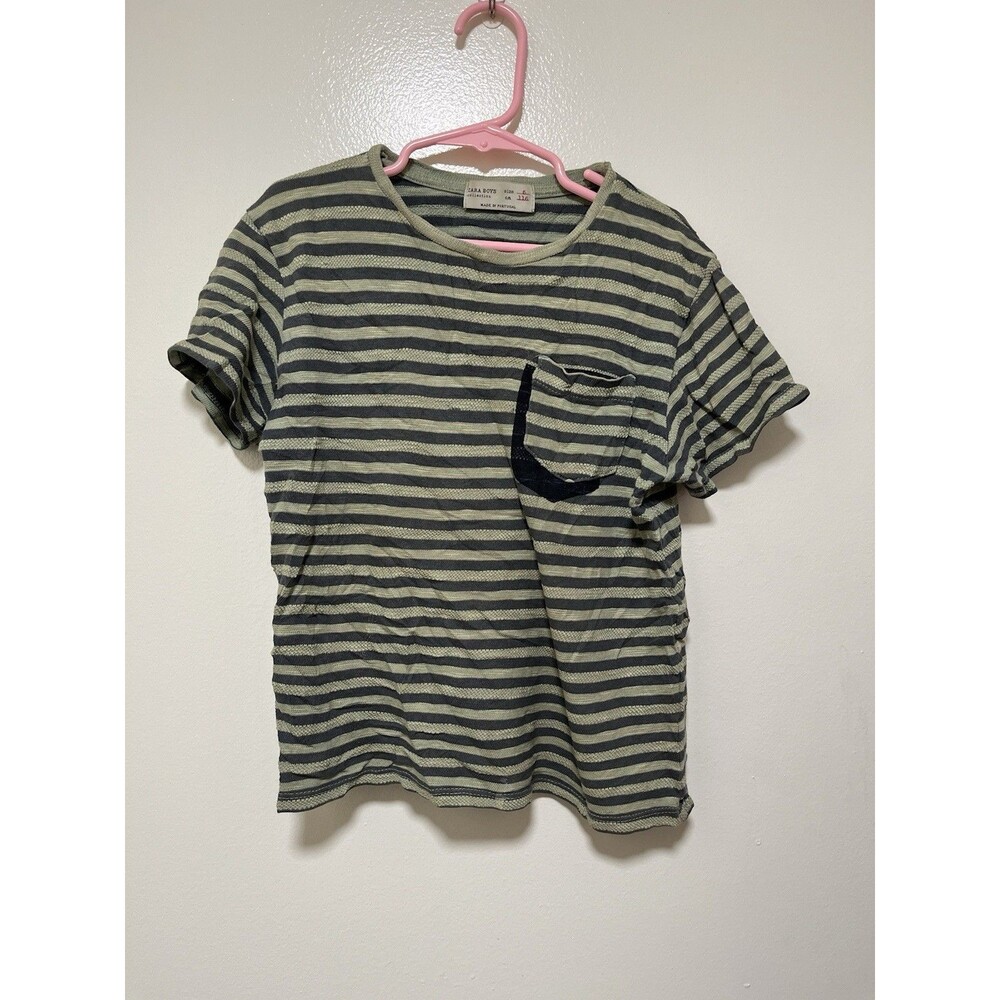 Boys Zara Shirt 6y Striped Brown Short Sleeve With Pocket